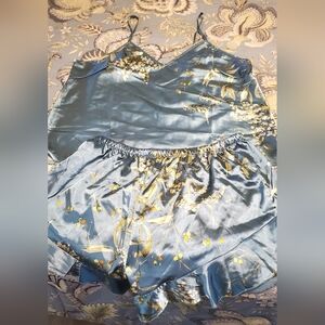 Silk Floral Pajama Set in Blue and Gold